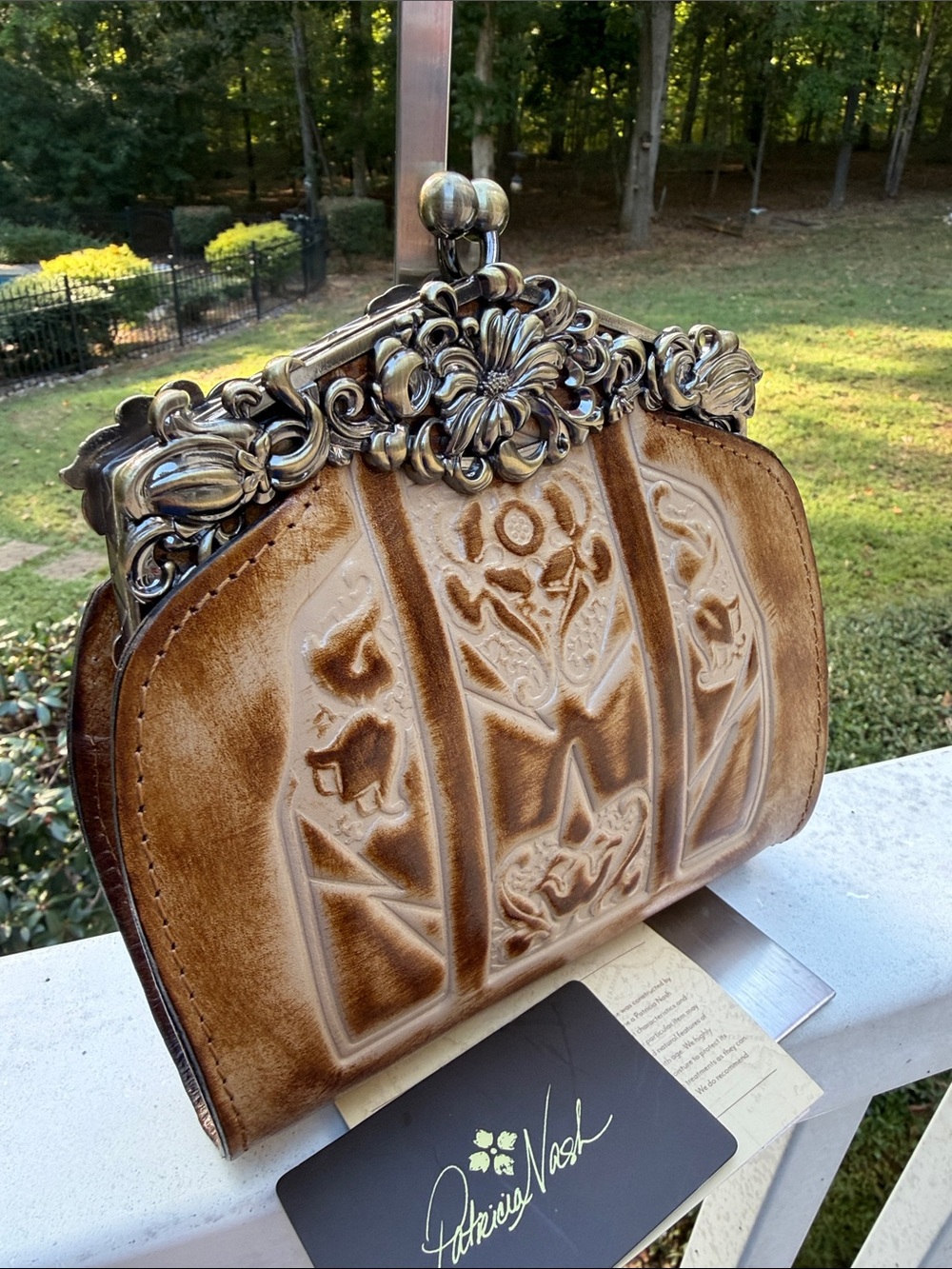 Patricia Nash Sand and Tan Embossed Leather Shoulder Bag with Ornate Metal Frame - Picture 4 of 17